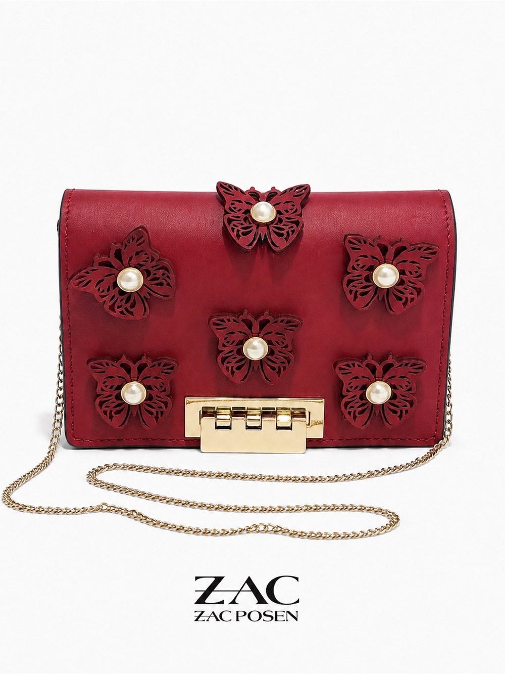 ZAC Zac Posen Earthette Pearl Butterfly Bellini Leather Red Crossbody Bag